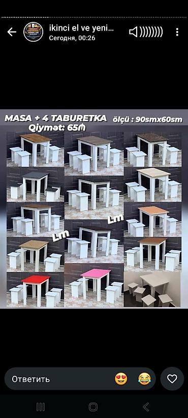 Məhsul: Masa + 4 taburetka dəsti Xüsusiyyətlər: - Ölçü: 90 sm x 60 sm