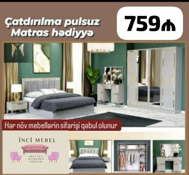 Yataq otağı dəstləri: 2 təknəfərlik çarpayı, Dolab, Tumba, 2 tumba, Azərbaycan, Yeni