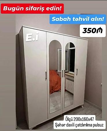 Ağ rəngli 4 qapılı paltar şkafı - Ön hissədə 2 ədəd tam boy güzgü