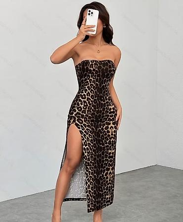 mango canta: Leopard naxışlı, çiyinbağısız qadın paltarı - Siluet: bədənə oturan — 2