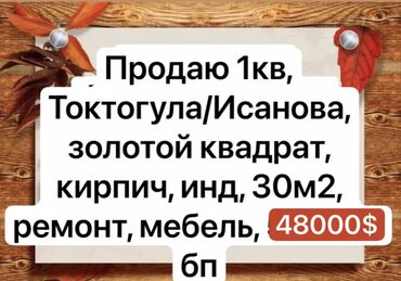 Продажа квартир: Продаю 1кв, Токтогула/Исанова, золотой квадрат, кирпич, инд, 30м2