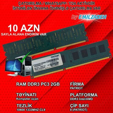 Prosessorlar: Operativ yaddaş (RAM) Patriot Memory, 2 GB, 1333 Mhz, DDR3, PC üçün, İşlənmiş