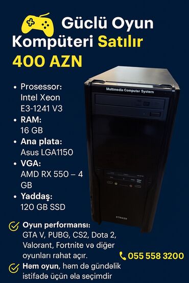 Masaüstü kompüterlər və iş stansiyaları: 🎮 Güclü Oyun Kompüteri Satılır – 400 AZN 🔹 Prosessor: Intel Xeon