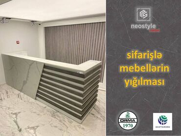 Sifarişlə ofis mebeli: Reception masası Sifarişlə Türkiyə materialından yığılır. eni 240sm