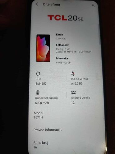 Ostali mobilni telefoni: TCL 20 SE 4/64gb. na netu po modelu mozete videti sve specifikaciju — 6