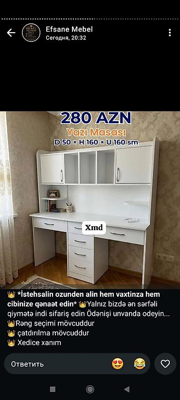 stol ustul: Yazı masası – 280 AZN Ölçülər: - Dərinlik: 50 sm - Hündürlük: 160 sm — 1