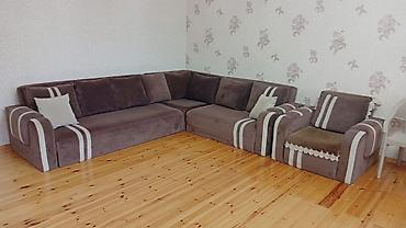 salon divan: Künc divan və kreslo dəsti - Rəng: qəhvəyi (bej zolaqlı aktsentlər) - — 1