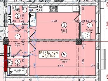 1 room: 1 комната, 46 м², Восток-5 мкр Элитка, 5 этаж, ПСО (под самоотделку) — 2