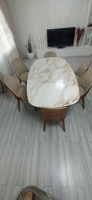 agac sekilleri: Mərmər naxışlı yemək masası dəsti – 6 nəfərlik - Stol: oval formalı — 2