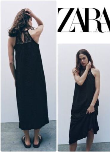 crna lanena haljina: Zara M (EU 38), bоја - Crna, Na bretele