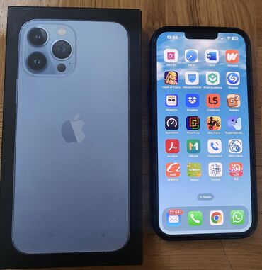 арт стекло: IPhone 13 Pro Max, Б/у, 256 ГБ, Sierra Blue, Защитное стекло, Чехол, Кабель, 87 %