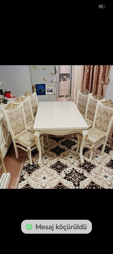 Masalar: Qonaq otağı üçün, İşlənmiş, Açılan, Dördbucaq masa, 6 stul