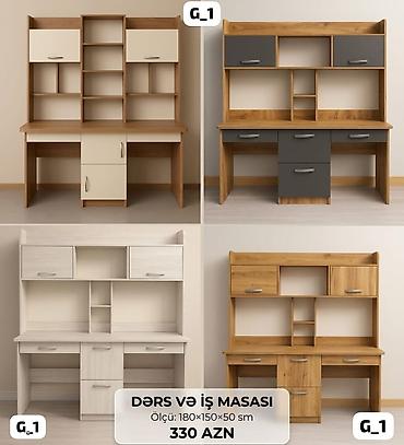 embawood yazı masası: Dərs və iş masası – G_1 modeli Ölçü: 180 × 150 × 50 sm Qiymət: 330 — 1