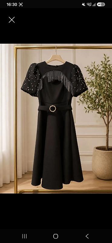 veçer donları: Qara zərif don - Model: qısaqol, A-kəsim midi siluet - Material — 1