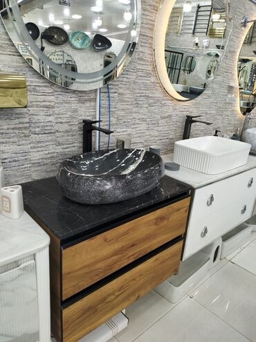 metbex ucun moyka: Qara mərmər effektli, dairəvi formalı əl yumaq üçün lavabo. Taxta