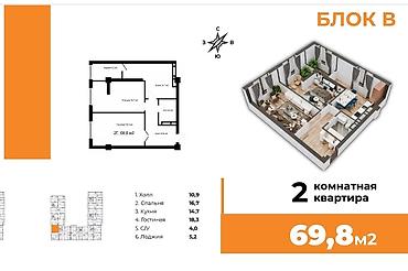 69: 2 комнаты, 70 м², Аламедин-1 мкр Элитка, 2 этаж, Свежий ремонт — 9