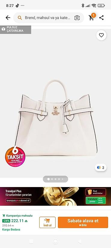 Brend çanta – Guess - Rəng: ağ, qara kənar tikiş detalları - Material