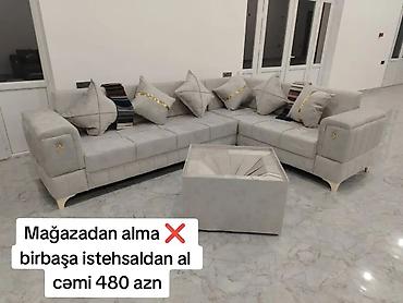 Divan və kreslo dəstləri: Künc divan dəsti – müasir dizaynlı, açıq boz rəngdə, yumşaq — 1