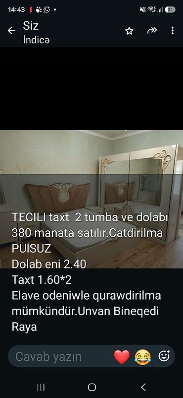 il: Yataq otağı dəsti Tərkibi: - Taxt - 2 tumbə - Güzgülü dolab Ölçülər — 1