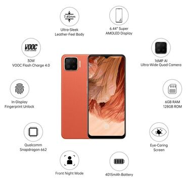 Oppo: Oppo F17 Pro, 128 GB, rəng - Narıncı, Barmaq izi, Zəmanət, Sensor