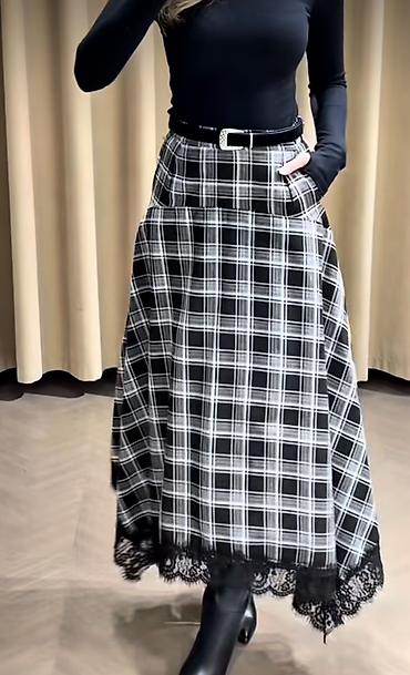 mini etek: Qara-ağ rəngli, xətli (plaid) naxışlı uzun ətək Yenidir alindigdan — 1