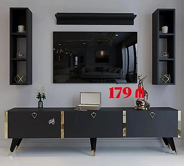 stend: TV stendi və divar dolabı dəsti - Müasir minimal dizayn: mat qara — 1