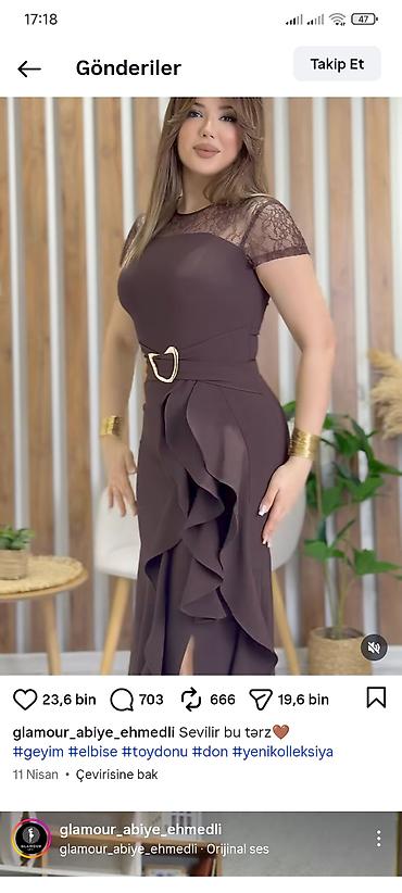 Məhsul: Qəhvəyi rəngli zərif abiyə don - Model: beldə kəmərli, qızılı