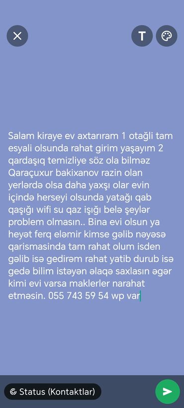 xacmaz kiraye: Ev axtarıram kiraye ev 1 otag ama tam esyali herseyi olsun