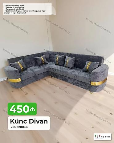 Divanlar: Künc divan – 280×200 sm - Mexanizm: açılan, bazalı (yataq funksiyası — 1
