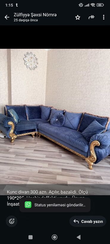 Divanlar: Künc divan, İşlənmiş, Açılan, Bazalı, Çatdırılma yoxdur
