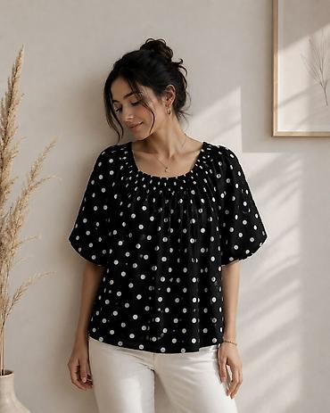 qara koynək: Qara-ağ “polka dot” naxışlı qadın bluzası - Model: elastik büzgülü — 3