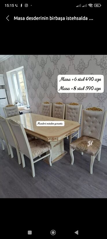 metbex ustolu: Для кухни, Для гостиной, Новый, Нераскладной, Прямоугольный стол, 6 стульев