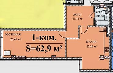 1 комната, 61 м², Аламедин-1 мкр Элитка, 4 этаж, ПСО (под самоотделку)