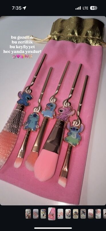 маска ламинария от пигментных пятен: Stitch temalı makiyaj fırçaları dəsti - 5 ədəd fırça: tonal krem/BB