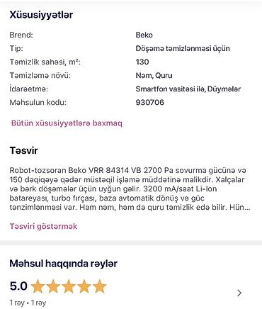 robot tossoran: Beko RoboSmart RS6500 robot-tozsoran - Təyinat: döşəmələrin — 2