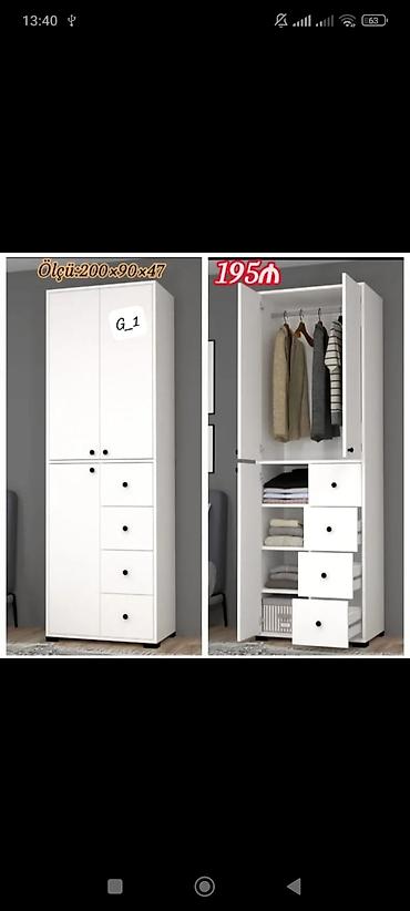 Ağ rəngli paltar dolabı – ölçü: 200×90×47 sm. - Dizayn: İki qapılı lalafo.az -da Ağ rəngli paltar dolabı – ölçü: 200×90×47 sm. - Dizayn: İki qapılı