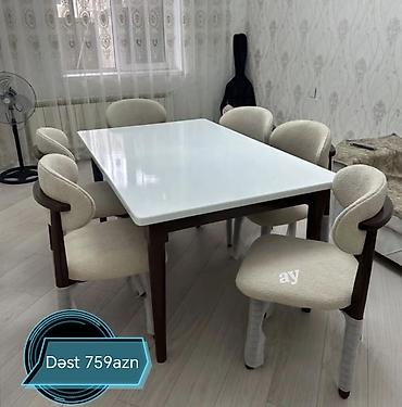 suni agac: Yemək otağı üçün masa-stul dəsti - Dəst: 1 masa + 6 stul - Masa — 1