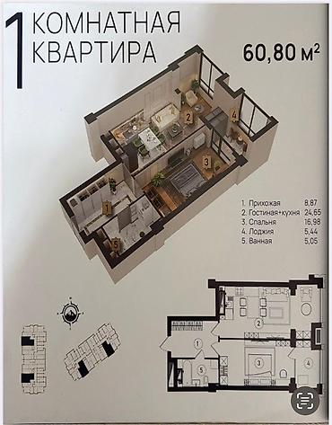 1 комната, 61 м², Асанбай мкр 14 этаж, ПСО (под самоотделку)