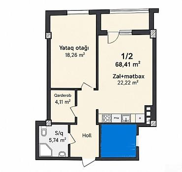moyka satilir 2018: 1 комната, Новостройка, м. Гара Гараев, 68 м² — 1