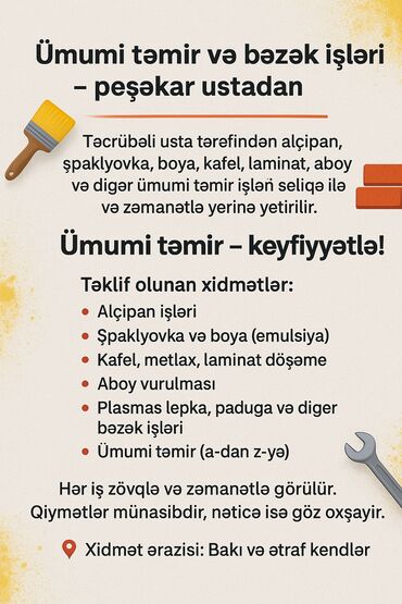 Taxta-şalban: Ümumi təmir və bəzək işləri – peşəkar ustadan
Bayram usta