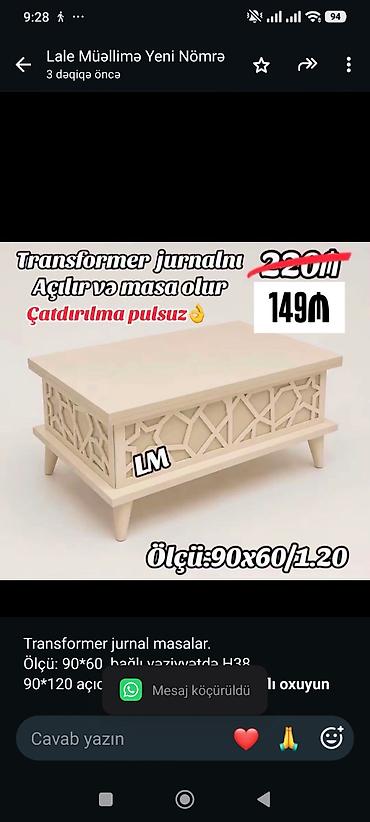 epoksi masa: Transformer jurnal masalar. Ölçü: 90*60 bağlı vəziyyətdə H38 90*120 — 1