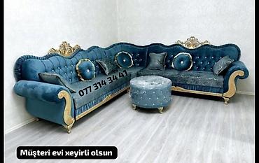 Klasik üslubda L formalı yumşaq mebel dəsti - Dərin firuzə/mavi