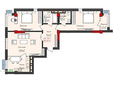Продажа квартир: 3 комнаты, 88 м², Кок-Жар ж/м Элитка, 6 этаж, ПСО (под самоотделку) — 3