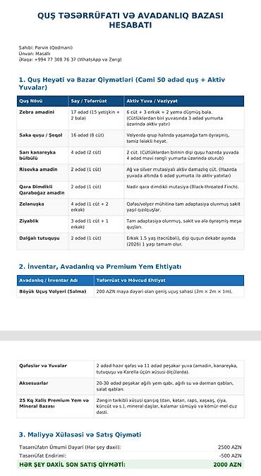 yumurtaliq toyuq satisi: QUŞ TƏSƏRRÜFATI VƏ AVADANLIQ BAZASI HESABATI • Sahibi: Pərvin — 6