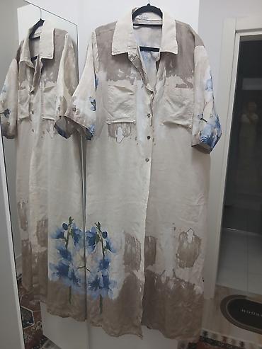 teget lanene pantalone: Dugačka košulja/haljina od laganog lana sa akvarel printom - Model — 4