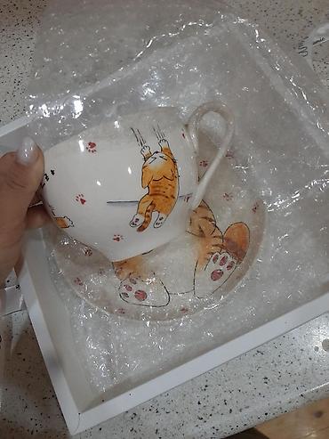 pişik şəkilləri çəkmək: Çay dəsti, rəng - Ağ, Keramika, 1 nəfərlik — 1