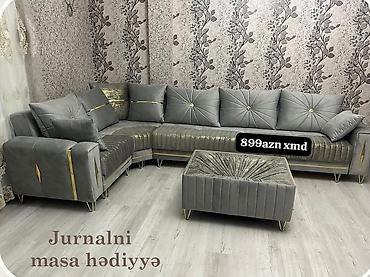 metbex mebeli gence: Künc divan dəsti – zərif boz tonlarda, qızılı detallar və dekorativ — 1