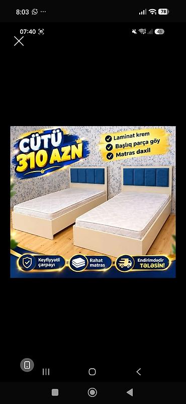 ortopedik matraslar: İki ədəd tək çarpayı dəsti – cütü 310 AZN Xüsusiyyətlər: - Korpus — 1