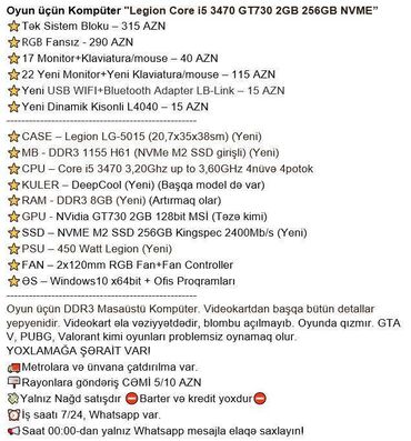 Masaüstü kompüterlər və iş stansiyaları: Oyun üçün Kompüter "Legion Core i5 3470 GT730 2GB 256GB NVME” ⭐Tək — 4