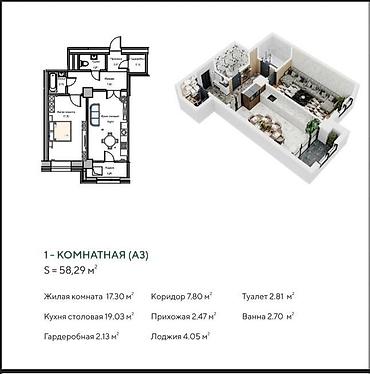 тыныке цена бишкек: 1 комната, 58 м², Элитка, 13 этаж, Готовая ПСО (под самоотделку) — 2